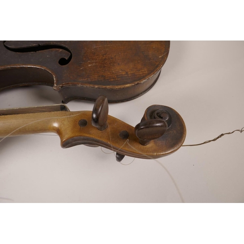 36 - Two vintage violins for restoration, one with one piece back and Stradivarius label, 23½