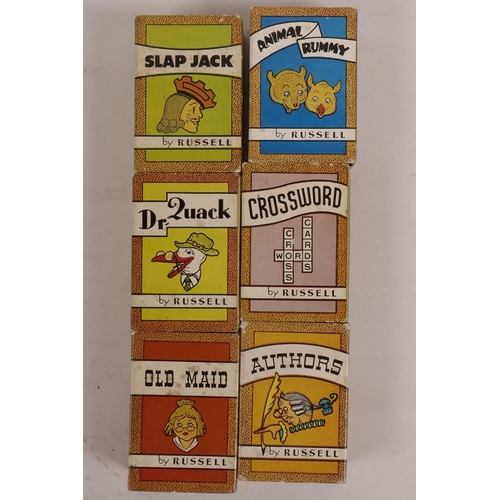 37 - A set of six boxed card games from Russell of Leicester, Massachusetts, Old Maid, Authors, Dr Quack,... 