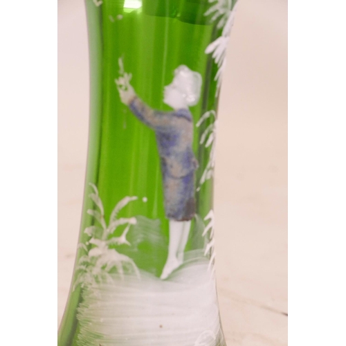 4 - A green glass vase with Mary Gregory style decoration in enamels with raised glass balls, 7