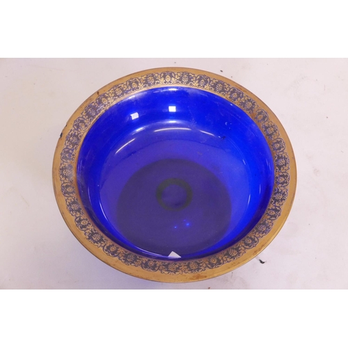 42 - A Moser blue glass bowl with acid etched and gilt decoration, inscribed to base Made in Czechoslovak... 