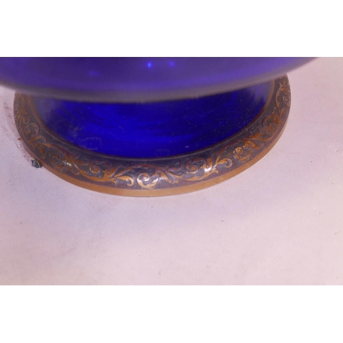 42 - A Moser blue glass bowl with acid etched and gilt decoration, inscribed to base Made in Czechoslovak... 