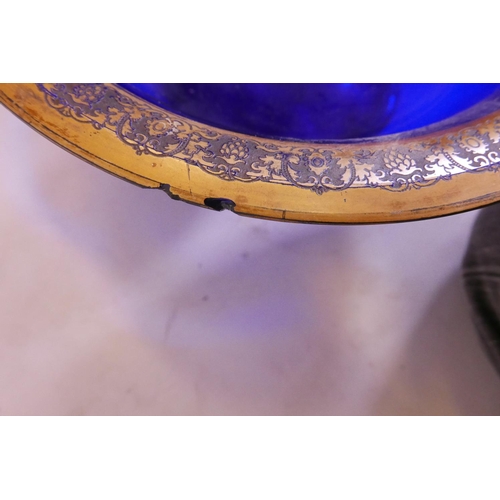 42 - A Moser blue glass bowl with acid etched and gilt decoration, inscribed to base Made in Czechoslovak... 