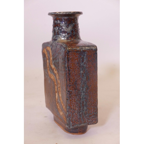 52 - A studio pottery bottle vase in the style of Bernard Leach, with dripped glaze, 10½