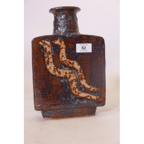 52 - A studio pottery bottle vase in the style of Bernard Leach, with dripped glaze, 10½