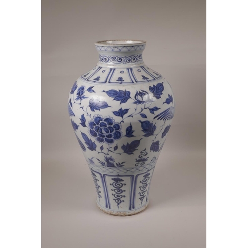 53 - A large Chinese Ming Style blue and white pottery meiping vase decorated with cranes in flight, 16½