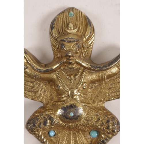 56 - A Sino-Tibetan gilt bronze of Garuda, set with turquoise beads, 3