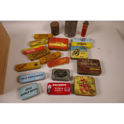 12 - A box of vintage tins, mainly puncture repair outfits by John Bull, Romac, Dunlop, Empire etc