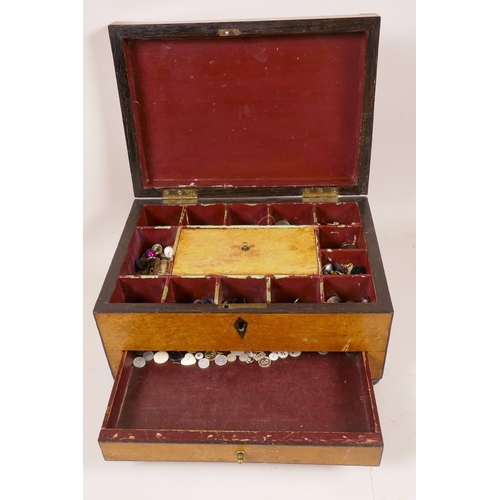 31 - A Victorian yew wood veneered sewing box with ebony banding, the fitted interior and base drawer con... 