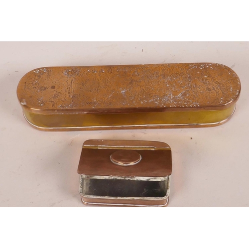 19 - A C19th copper and brass table snuff box, 2½