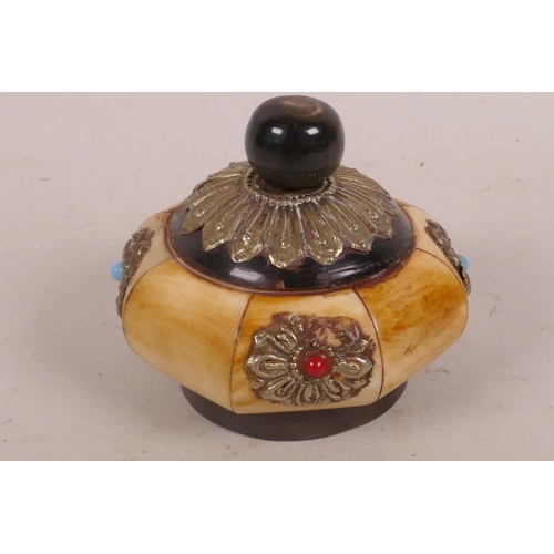 21 - An Oriental sectional bone opium jar with metal and gem stone embellishments, 2¼