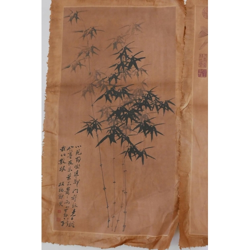 22 - Two Chinese pictures of bamboo and birds, signed with calligraphy and seal marks, 26