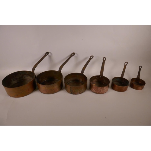 3 - A set of six C19th heavy copper kitchen pans, A/F, largest  7