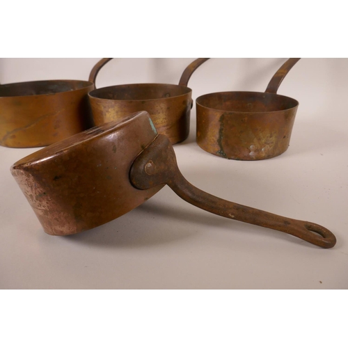 3 - A set of six C19th heavy copper kitchen pans, A/F, largest  7