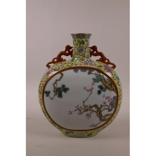 38 - A Chinese polychrome enamelled porcelain flask with decorative panels depicting birds and trees in b... 