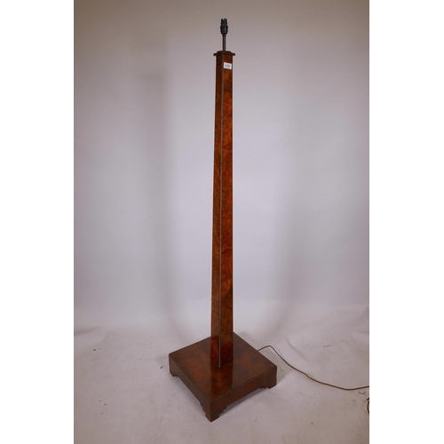 1129 - An Art Deco burr walnut standard lamp with beaded edges on a platform base, 16