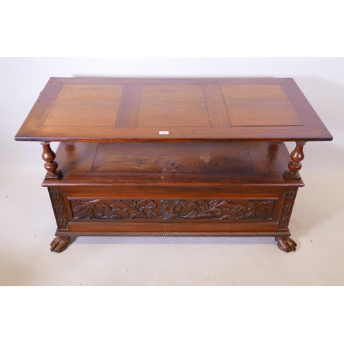 1111 - A Colonial, Anglo-Indian rosewood monk's bench, the three panelled back with carved decoration, and ... 