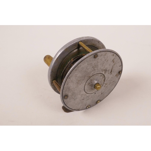 10 - A vintage brass and aluminium plate wind fishing reel, 3