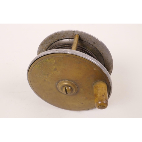 10 - A vintage brass and aluminium plate wind fishing reel, 3