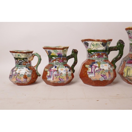 101 - A set of six C19th Mason's ironstone graduated jugs with chinoiserie transfer printed decoration, la... 