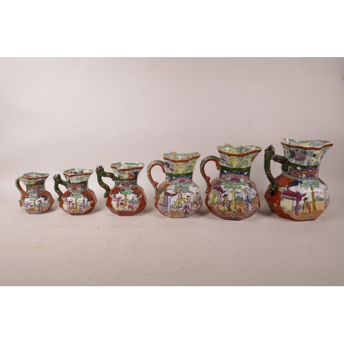 101 - A set of six C19th Mason's ironstone graduated jugs with chinoiserie transfer printed decoration, la... 