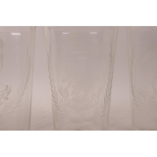 111 - A collection of four etched high ball glasses decorated with portraits of Churchill, Montgomery, Sta... 