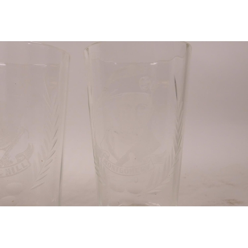 111 - A collection of four etched high ball glasses decorated with portraits of Churchill, Montgomery, Sta... 