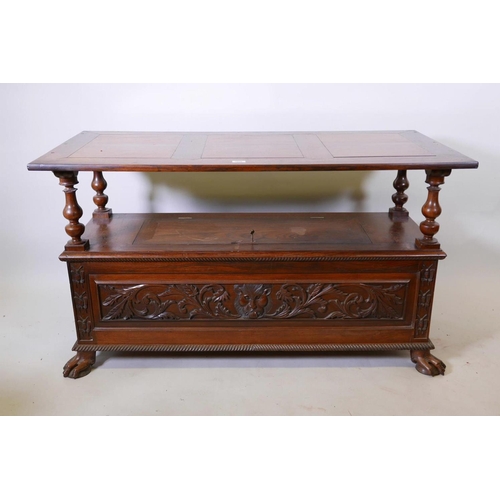 1111 - A Colonial, Anglo-Indian rosewood monk's bench, the three panelled back with carved decoration, and ... 