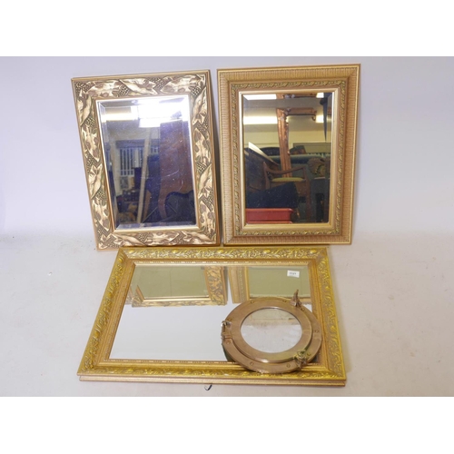 1121 - Three gilt framed mirrors with bevelled glass, largest 28