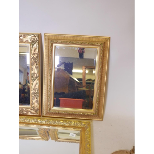 1121 - Three gilt framed mirrors with bevelled glass, largest 28