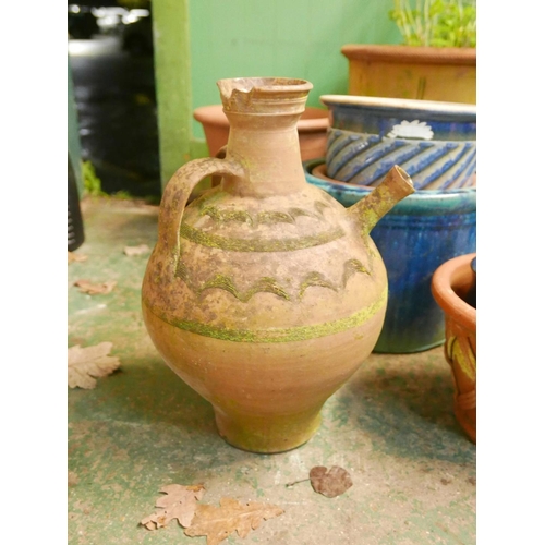 1143 - A quantity of terracotta garden pots including a bay tree