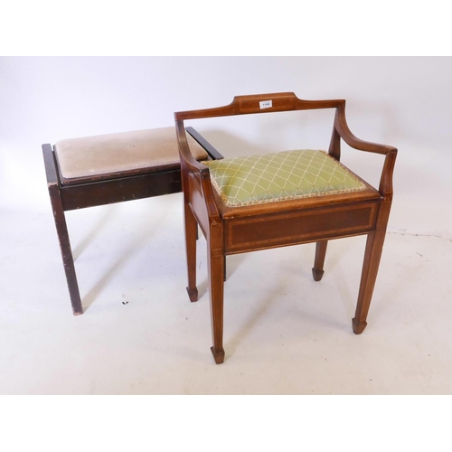 1144 - An Edwardian inlaid mahogany piano stool with lift up seat, and another