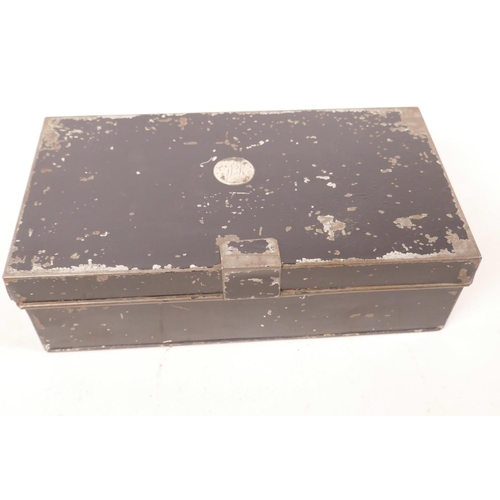 117 - A vintage black metal fishing tackle box with fitted interior, 9