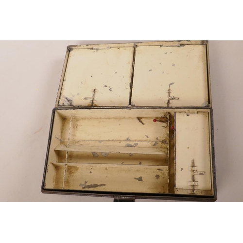 117 - A vintage black metal fishing tackle box with fitted interior, 9