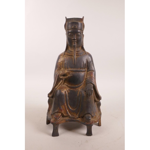 120 - A Chinese bronze of an Emperor seated on a throne, with gilt and lacquer patina, 9½