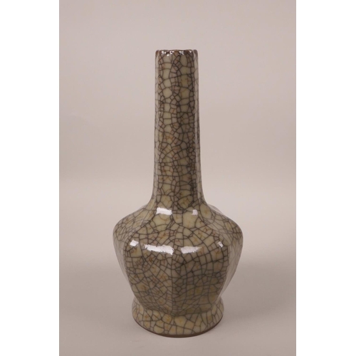 138 - A Chinese crackleware bottle vase with a ribbed neck, 9½