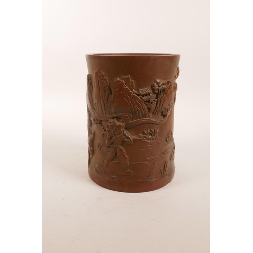 163 - A Chinese bamboo brush pot with carved decoration of travellers in a landscape, 6