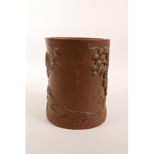 163 - A Chinese bamboo brush pot with carved decoration of travellers in a landscape, 6