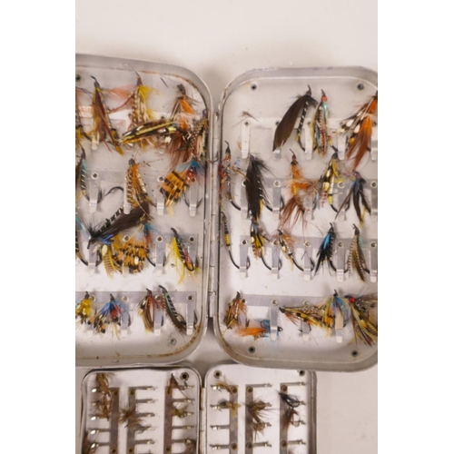 166 - A Hardy Bros aluminium fly tin containing many flies, together with a smaller similar box by the sam... 