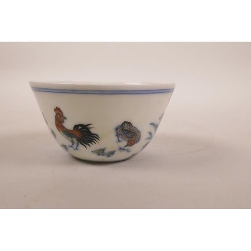 180 - A Chinese doucai porcelain tea bowl with chicken decoration, seal mark to base, 3