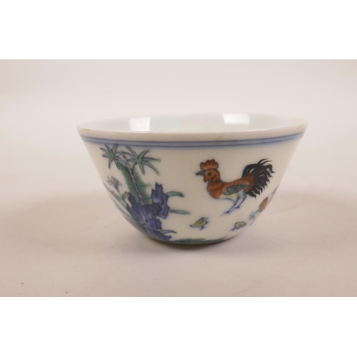 180 - A Chinese doucai porcelain tea bowl with chicken decoration, seal mark to base, 3