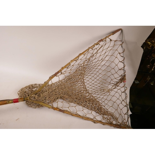 189 - A C19th Hardy Bros folding landing net with long wood handle and frame with brass fittings, 48