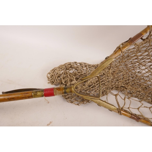 189 - A C19th Hardy Bros folding landing net with long wood handle and frame with brass fittings, 48