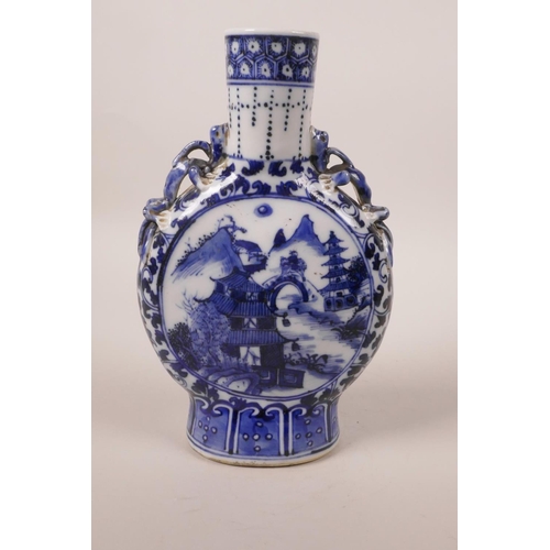 223 - A Chinese blue and white porcelain pilgrim's flask with two dragon form handles, decorated with figu... 