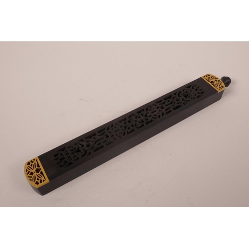 258 - A Chinese ebonised carved and pierced wood incense holder, cased, 8½