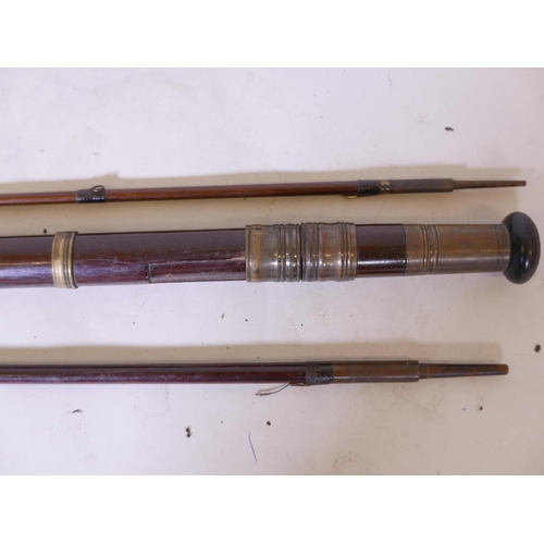 26 - A vintage hardwood three section fly fishing rod, 12' long