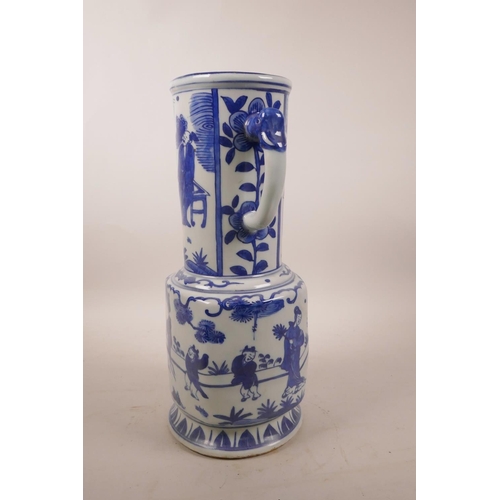 260 - A Chinese blue and white pottery two handled vase decorated with figures in a garden, 6 character ma... 