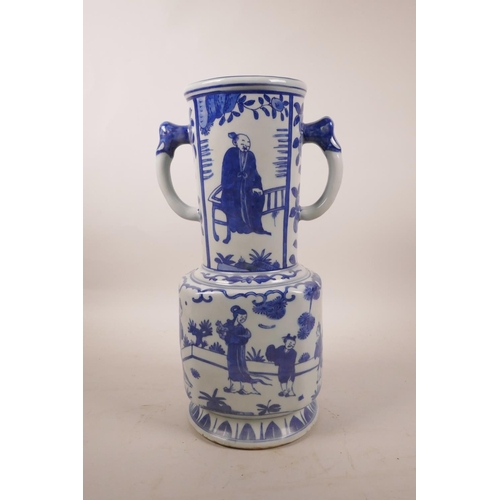 260 - A Chinese blue and white pottery two handled vase decorated with figures in a garden, 6 character ma... 