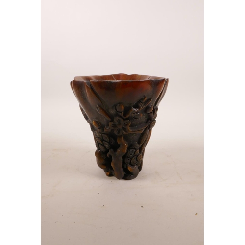 290 - A Chinese faux rhino horn libation cup with carved tree decoration, 5