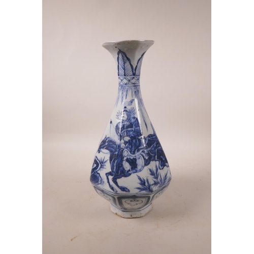 328 - A Chinese blue and white pottery pear shaped vase of octagonal form decorated with warriors on horse... 