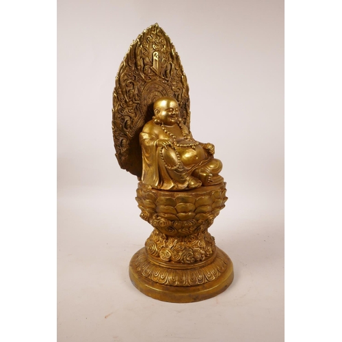 338 - A large Chinese gilt bronze of Buddha seated on a lotus throne, impressed 4 character mark to base, ... 